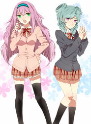  2girls absurdres aki_(645451622) aqua_hair beta_(inazuma_eleven) black_legwear breasts cardigan commentary_request frilled_skirt frills green_eyes hairband hand_on_own_hip highres inazuma_eleven_(series) inazuma_eleven_go inazuma_eleven_go_chrono_stone kneehighs long_hair looking_at_viewer medium_breasts meia multiple_girls nail_polish open_mouth plaid plaid_skirt purple_eyes purple_hair school_uniform skirt socks thighhighs twirling_hair unmoving_pattern zettai_ryouiki 