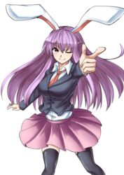  animal_ears black_thighhighs blazer blouse breasts commentary_request female finger_gun highres jacket large_breasts long_hair necktie one_eye_closed orinpachu pleated_skirt pointing purple_hair rabbit_ears red_eyes reisen_udongein_inaba shirt simple_background skirt smile solo thighhighs touhou white_background zettai_ryouiki 