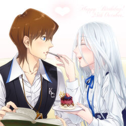  1boy asai_yuichi blue_eyes blue_hair book brown_hair cake card card_pendant closed_eyes commentary_request couple feeding female food food_on_face fruit happy_birthday heart jewelry kaiba_seto kisara_(yu-gi-oh!) long_hair plate ribbon short_hair smile straight strawberry vest yu-gi-oh! yu-gi-oh!_duel_monsters 