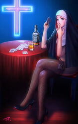  alcohol arm_support between_fingers bible_(object) blue_eyes book bottle brown_thighhighs card chair cigarette commentary_request corruption cross crossed_legs cup drinking_glass eyelashes eyeliner eyeshadow female fingernails fishnet_thighhighs fishnets glass habit hands_up high_heels highres holding holding_card indoors irony long_fingernails looking_at_viewer makeup nail_polish neon_lights nose nun original photoshop_(medium) ray_tang red_nails robe signature sitting smoking solo table tablecloth thigh_strap thighhighs veil whiskey 