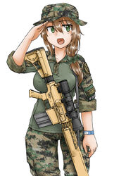  bad_id bad_pixiv_id boonie_hat brown_hair camouflage combat_shirt digital_camouflage dutchko female green_eyes gun m110_sass military military_uniform open_mouth original patch rifle salute scrunchie simple_background sniper_rifle solo uniform weapon white_background wristband 