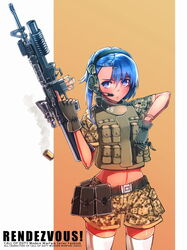  acog assault_rifle belt blue_eyes blue_hair call_of_duty call_of_duty_4 camouflage casing_ejection commentary_request fanbook female fingerless_gloves genderswap_(mtf) gloves grenade_launcher gun hair_ornament hair_ribbon hairpin headset m16 m16a4 m203 military navel reloading ribbon rifle rule_63 shell_casing short_hair siqi_(miharuu) solo thighhighs trigger_discipline underbarrel_grenade_launcher vasquez_(modern_warfare) vest weapon wristband 