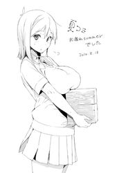  blush breast_rest breasts chikurin_(sasamori_tomoe) comiket_86 commentary_request dated female from_side greyscale large_breasts line_art monochrome original pleated_skirt sasamori_tomoe school_uniform skirt solo stack sweater_vest 