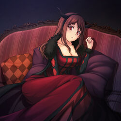  argyle breasts cleavage commentary_request couch dress female horns long_hair looking_at_viewer maou_(maoyuu) maoyuu_maou_yuusha photoshop_(medium) pillow red_dress red_eyes red_hair solo yumemizuki 