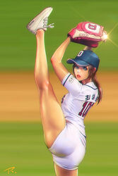  ass ball baseball baseball_(object) baseball_cap baseball_mitt baseball_uniform blue_eyes breasts brown_hair clothes_writing commentary_request cowboy_shot doosan_bears eyelashes female from_side hat highres holding holding_ball kbo_league korean_text leg_up lipstick long_hair looking_at_viewer makeup nose original parted_lips photoshop_(medium) pink_lips ponytail pose ray_tang shirt shoes short_shorts short_sleeves shorts signature small_breasts solo split sportswear standing standing_on_one_leg standing_split teeth thighs white_footwear white_shirt white_shorts 