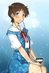  bad_id bad_pixiv_id blue_background blue_dress blue_eyes blush brown_hair cassette_player dress earphones female genderswap_(mtf) ikari_shinji neck_ribbon neon_genesis_evangelion photoshop_(medium) red_ribbon ribbon rule_63 school_uniform shin-chan_(evangelion) short_hair short_sleeves sitting solo zonana 