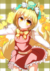  aged_down animal_ears blonde_hair bow chen chen_(cosplay) commentary_request cosplay female flower fox_ears fox_tail hat long_sleeves looking_at_viewer merry_(diameri) midriff multiple_tails outstretched_arms shirt skirt skirt_set smile solo tail touhou vest yakumo_ran yellow_eyes 