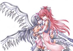  2girls akemi_homura akuma_homura argyle_clothes argyle_legwear bad_id bad_pixiv_id bare_shoulders black_gloves black_hair black_thighhighs bow choker detached_sleeves dress elbow_gloves feathered_wings gloves hairbow hug long_hair looking_at_another magical_girl mahou_shoujo_madoka_magica mahou_shoujo_madoka_magica:_hangyaku_no_monogatari multiple_girls one_eye_closed ponytail purple_eyes red_eyes red_hair sakura_kyoko sakura_kyoko_(magical_girl) simple_background smile spoilers thighhighs white_background wings wosusi yuri zettai_ryouiki 