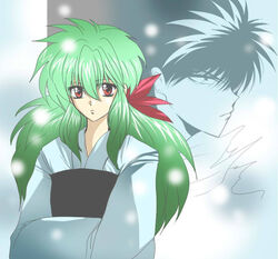  ayukawamin brother_and_sister female female gradient gradient_background green_hair hiei japanese_clothes kimono long_hair male partially_colored red_eyes siblings yu_yu_hakusho yukina_(yu_yu_hakusho) yuu_yuu_hakusho 