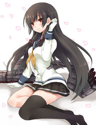  arm_support asymmetrical_legwear bad_id bad_pixiv_id black_hair black_skirt black_thighhighs blunt_bangs blush female gloves isokaze_(kancolle) jakey kantai_collection long_hair long_sleeves looking_at_viewer machinery neckerchief no_shoes petals pleated_skirt sailor_collar school_uniform serafuku single_thighhigh sitting skirt solo thighhighs uneven_legwear white_gloves yellow_neckerchief yokozuwari 