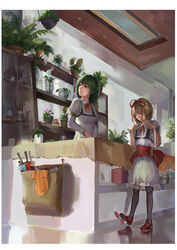  2girls absurdres allium_(flower) alternate_costume asymmetrical_legwear black_hair blonde_hair blue_eyes bridal_garter closed_umbrella commentary_request employee_uniform florist flower flower_shop garter_straps green_hair hair_ribbon hands_on_own_chest highres indoors jiliang_ji_ying kazami_yuuka looking_down looking_to_the_side medicine_melancholy mismatched_legwear multiple_girls neck_ribbon photoshop_(medium) pink_flower plant potted_plant red_eyes reflection reflective_floor ribbon shop short_hair skylight skylight_(architecture) smile sunflower teapot thighhighs touhou umbrella uniform vase walking white_flower wrist_cuffs yellow_flower 