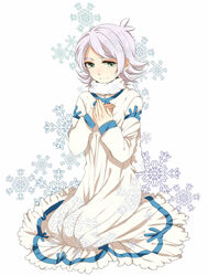  1boy adapted_uniform aki_(645451622) commentary_request crossdressing dress fubuki_shirou green_eyes hakuren inazuma_eleven inazuma_eleven_(series) kneeling long_dress male_focus scarf smile snowflakes solo white_background 