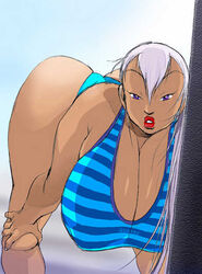  ass ass_up bangs bent_over bikini breasts cleavage curvy dark-skinned_female dark_skin eiden female gg_quatre gri_gri grinis_quatre_gricom hanging_breasts huge_ass huge_breasts leaning_forward leg_grab lips lipstick long_breasts long_hair mature milf outdoors purple_eyes red_lipstick sky solo striped striped_bikini striped_bra striped_swimsuit swimsuit thick_thighs thighs thong thong_bikini white_hair 