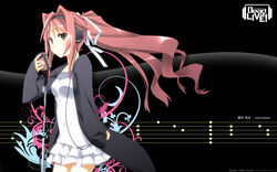  black_theme commentary_request female floating_hair headphones highres long_hair microphone original photoshop_(medium) pink_hair ponytail solo very_long_hair yuuki_eishi 