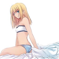  ass back bandeau bed bed_sheet blonde_hair blue_eyes camisole fate/apocrypha fate_(series) female flat_chest green_eyes ladymarta long_hair mordred panties pillow saber_of_red sitting small_breasts solo striped striped_panties trefoil tubetop tusia underwear underwear_only 