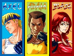  2boys adam_hunter axel_stone banned_artist bare_knuckle blaze_fielding blonde_hair blue_eyes brown_eyes brown_hair column_lineup dark_skin fighting_stance fingerless_gloves gloves headband jacket kamiomutsu long_hair mole multiple_boys muscle popped_collar red_jacket short_hair tank_top 