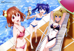  3girls :d absurdres armpits arms_behind_head bandeau bikini blonde_hair blue_bikini blue_eyes blue_hair breasts chair choker clarus_tonitrus cleavage food highres ice_cream iwata_keiko kusanagi_yuma long_hair looking_at_viewer lounge_chair lying medium_breasts megami_magazine multiple_girls navel official_art open_mouth ponytail pool red_bikini red_eyes red_hair short_hair smile soushin_shoujo_matoi sumeragi_matoi swimsuit twintails water 