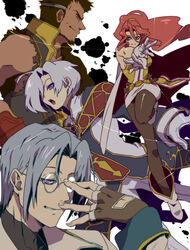  3boys ahoge antenora_victoria belt blue_eyes brown_hair caina_(wild_arms) cape coat commentary_request evil_smile female glasses gloves grey_hair high_ponytail judecca_ducet long_hair looking_at_viewer multiple_boys open_mouth pants pantyhose ponytail ptolomea_(wild_arms) purple_eyes red_hair sako_(namocake) shoes short_hair skirt smile thread white_hair wild_arms wild_arms_2 