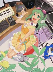  :d anklet bare_shoulders belt blush boots bottle buttons cable collarbone commentary_request computer electric_guitar female fender_telecaster flower from_above gem green_eyes green_hair green_nails guitar gumi headphones headset highres hobby_(kento) index_finger_raised ink_bottle instrument jewelry keyboard_(instrument) leaf looking_at_viewer monitor nail_polish neck_ring open_mouth orange_skirt orange_vest plant purple_gemstone screen short_hair sitting skirt sleeveless smile solo table trackball vest vocaloid white_footwear wrist_cuffs 