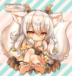  animal_ears anklet bad_id bad_pixiv_id barefoot blush chibi demon_horns feet female fur_trim horns ilmina_(p&amp;d) jewelry mashiro_miru multiple_tails puzzle_&amp;_dragons solo tail white_hair yellow_eyes 