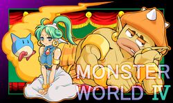  ahoge arabian_clothes armlet asha_(monster_world) banned_artist bare_shoulders blue_eyes blush bracelet chin_rest earrings genie green_hair hoop_earrings jewelry kamiomutsu lips monster_world monster_world_iv muscle pepelogoo ponytail sitting smile tabard v_arms wariza 