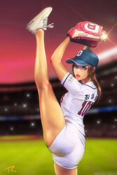  ass ball baseball baseball_(object) baseball_cap baseball_mitt baseball_uniform blue_eyes breasts brown_hair clothes_writing commentary_request cowboy_shot doosan_bears eyelashes female from_side hat highres holding holding_ball kbo_league korean_text leg_up lipstick long_hair looking_at_viewer makeup nose original parted_lips photoshop_(medium) pink_lips ponytail pose ray_tang shirt shoes short_shorts short_sleeves shorts signature small_breasts solo split sportswear standing standing_on_one_leg standing_split teeth thighs white_footwear white_shirt white_shorts 