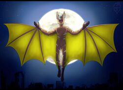  2017 bat brown_body brown_fur city cityscape flying fur hair male mammal megabat membrane_(anatomy) membranous_wings mirramortas moon night nude purple_eyes solo specter_koen stripe-faced_fruit_bat stripes tasteful_nudity white_hair winged_arms wings 