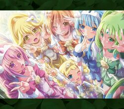  6+girls aoki_reika blonde_hair blue_eyes blue_hair blush bow candy_(smile_precure!) choker commentary_request cure_beauty cure_happy cure_march cure_peace cure_sunny double_v green_choker green_eyes green_hair hair_flaps highres hino_akane_(smile_precure!) hoshizora_miyuki inoshishi_(ikatomo) letterboxed long_hair looking_at_viewer magical_girl midorikawa_nao multiple_girls one_eye_closed open_mouth orange_eyes orange_hair pink_bow pink_choker pink_eyes pink_hair precure royal_candy short_hair smile_precure tiara v yayoi_kise yellow_eyes 