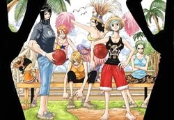  5girls bandana barefoot basketball black_eyes black_hair blonde_hair candle choker_(pixiv) cigarette denim derivative_work drinking earrings genderswap_(ftm) genderswap_(mtf) glass glasses green_hair hat highres jeans jewelry long_hair looking_at_viewer md5_mismatch monkey_d_luffy multiple_boys multiple_girls nami_(one_piece) nico_robin oda_eiichirou_(style) official_style one_piece orange_hair pants parody pom_poms roronoa_zoro rule_63 sanji scar shirt shoes short_hair shorts sitting straw_hat style_parody tattoo tony_tony_chopper usopp what_if 