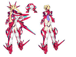  armor ass blonde_hair bodysuit character_sheet faintear highres long_hair mecha_musume trigger_heart_exelica triggerheart_exelica twintails 