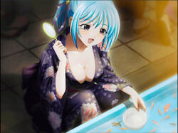  blue_hair breasts cleavage cute fish japanese_clothes kimono kurono_kurumu kuruno_kurumu large_breasts rosario+vampire short_hair smile 