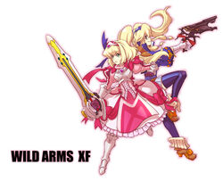  2girls alexia_lynn_elesius armor armored_dress belt blonde_hair blue_thighhighs boots bow clarissa_arwin coat commentary_request copyright_name dress dress_bow elbow_gloves full_body gloves greaves green_eyes gun hairband high_heels jewelry knight long_hair multiple_girls pink_bow pink_dress ribbon sako_(namocake) shoes short_hair sidelocks simple_background skirt smile sword thighhighs twintails weapon white_background wild_arms wild_arms_xf zettai_ryouiki 