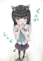  animal_ears black_hair blouse cat_ears commentary_request female gokou_ruri highres long_hair mole mole_under_eye ore_no_imouto_ga_konna_ni_kawaii_wake_ga_nai pantyhose perspective red_eyes shirt shorts smelling solo tail vicsen-u5 