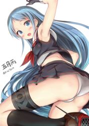  alternate_costume arm_up armpits ass bare_shoulders black_gloves black_serafuku blue_eyes blue_hair blush breasts cameltoe commentary_request cosplay duplicate female from_behind gloves highres ichikawa_feesu kantai_collection long_hair looking_at_viewer looking_back miniskirt open_mouth panties pantyshot pixel-perfect_duplicate pleated_skirt samidare_(kancolle) school_uniform serafuku shiratsuyu_(kancolle) shiratsuyu_(kancolle)_(cosplay) shirt skirt sleeveless sleeveless_shirt small_breasts solo thighs underwear very_long_hair white_panties 