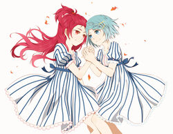  2girls aki_(645451622) blue_eyes blue_hair commentary dress hair_ornament highres holding_hands leaf long_hair mahou_shoujo_madoka_magica mahou_shoujo_madoka_magica_(anime) miki_sayaka multiple_girls red_eyes red_hair sakura_kyoko smile striped_clothes striped_dress vertical-striped_clothes vertical-striped_dress white_background yuri 