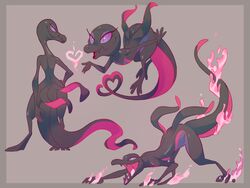  2016 4:3 artsy biped black_body black_skin eyelashes female feral generation_7_pokemon heart_tail lizard nintendo pink_body pink_skin pokemon pokemon_(species) purple_body purple_eyes purple_skin reptile salazzle scalie simple_background solo tail wide_hips 