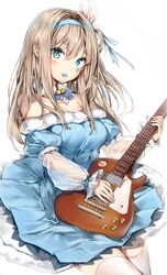  anmi_(style) bare_shoulders blue_dress blue_eyes blue_ribbon blush breasts brown_hair chinese_commentary closed_mouth commentary_request cowboy_shot dress electric_guitar female girls&#039;_frontline guitar hair_between_eyes hair_ribbon hairband highres holding holding_instrument instrument long_hair long_sleeves looking_at_viewer medium_breasts mouth_hold off-shoulder_dress off_shoulder official_alternate_costume one_side_up plectrum plectrum_in_mouth ribbon silver_(chenwen) simple_background solo suomi_(girls&#039;_frontline) suomi_(korvatunturi_pixie)_(girls&#039;_frontline) thighhighs thighs tsurime white_background white_thighhighs zettai_ryouiki 