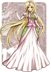  altaecia_valeria artist_request black_eyes blonde_hair dress female full_body grey_background hairband lace long_hair looking_at_viewer mole pink_hairband sidelocks smile solo white_dress wild_arms wild_arms_2 