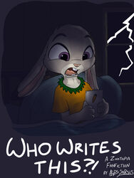  2017 3:4 4_fingers absurd_res angry anthro bed clothing dialogue dipstick_ears disney ear_markings ears_down electricity english_text female fingers flat_chested furniture guardian_blue hi_res holding_object inside insomnia judy_hopps lagomorph leporid lightning mammal multicolored_ears on_bed pivoted_ears purple_eyes rabbit sarsis shirt solo tablet text topwear zootopia 