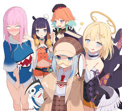  5girls absurdres asymmetrical_gloves bad_id bad_twitter_id black_dress blonde_hair bloop_(gawr_gura) blue_eyes blue_hair blunt_bangs blush book breast_conscious chicken_(food) chicken_leg commentary cosplay costume_switch detective dress english_commentary facial_hair food gawr_gura gawr_gura_(1st_costume) gawr_gura_(cosplay) gloves gradient_hair grey_hair group_costume_switch hair_ornament halo hat highres hololive hololive_english holomyth hood hoodie licking_lips long_hair long_sleeves looking_at_viewer magnifying_glass medium_hair midriff mori_calliope mori_calliope_(1st_costume) mori_calliope_(cosplay) moustache multicolored_hair multiple_girls necktie nijyuuhaku ninomae_ina&#039;nis ninomae_ina&#039;nis_(1st_costume) ninomae_ina&#039;nis_(cosplay) open_mouth orange_hair pink_hair plaid plaid_skirt pointy_ears purple_hair red_necktie shirt sidelocks simple_background skirt smile spikes strapless strapless_dress streaked_hair takanashi_kiara takanashi_kiara_(1st_costume) takanashi_kiara_(cosplay) tentacle tentacle_hair tiara tongue tongue_out two_side_up uneven_gloves veil virtual_youtuber watson_amelia watson_amelia_(1st_costume) watson_amelia_(cosplay) white_background white_shirt wide_sleeves 