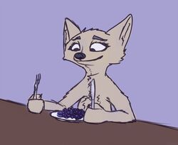  anthro arctic_fox biped blueberry_(fruit) canid canine disney famished_(artist) female food fox fruit fur holding_fork holding_knife holding_object knife mammal nude plant plate simple_background sitting skye_(zootopia) solo true_fox white_body white_fur zootopia 