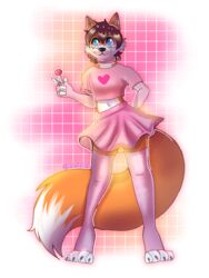  3:4 anthro candy canid canine clothed clothing crossdressing dessert femboy food fox girassol holding_candy holding_food holding_lollipop holding_object lollipop luvini male mammal solo 