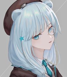  absurdres animal_ears arknights bad_id bad_pixiv_id bear_ears beret blue_eyes blue_hair blue_necktie brown_hat commentary female grey_background hair_ornament hat head_tilt highres istina_(arknights) looking_at_viewer monocle necktie parted_lips portrait simple_background solo star_(symbol) star_hair_ornament wozuya 