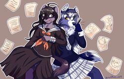  2019 accessory ahoge alternate_species anthro black_hair blue_eyes bottomwear brisskwinds canid canine canis cjk_tally_marks clothed clothing danganronpa danganronpa:_trigger_happy_havoc duo eyewear female fluffy fluffy_tail fur glasses grey_background grey_wolf_(kemono_friends) hair hair_accessory hairclip heterochromia holding_object kemono_friends long_hair mammal mustelid musteline necktie open_mouth purple_body purple_eyes purple_fur simple_background skirt spike_chunsoft tail tally_marks toko_fukawa true_musteline weasel white_body white_fur wolf yellow_eyes 