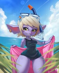  4:5 ass belly big_ears blonde_hair breasts butt_from_the_front clothing cute_fangs digital_media_(artwork) ear_piercing eyewear female goggles hair hi_res huge_hips huge_thighs humanoid humanoid_pointy_ears kokoni league_of_legends not_furry one-piece_swimsuit piercing presenting riot_games shaded short_stack small_breasts smile snorkel solo swimwear tencent thick_thighs tristana_(lol) water wet white_hair wide_hips yordle 