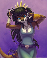  2019 4:5 5_fingers abstract_background anthro armband belt black_hair blue_eyes breasts brown_body brown_fur claws clothing digital_media_(artwork) dress female fingers fur hair jewelry long_hair looking_at_viewer mammal mustelid necklace otter purple_background shark_tooth shell shinigamigirl simple_background smile solo standing teeth white_body white_fur 