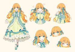  :d :o ^_^ absurdres aqua_eyes aqua_footwear blonde_hair blunt_bangs blush chibi closed_eyes closed_mouth commentary_request copyright_request dress expressions female frilled_dress frills from_side full_body green_dress ha_youn heart highres korean_commentary layered_sleeves long_sleeves looking_at_viewer multicolored_eyes multicolored_hair multiple_views open_mouth orange_hair short_over_long_sleeves short_sleeves simple_background smile yellow_eyes 