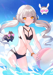  alternate_costume alternate_hairstyle ball beachball bikini black_bikini black_choker black_ribbon blue_sky blunt_bangs bracelet breasts choker cloud commentary day elsword eve_(elsword) facial_mark female floating glasses grey_hair hair_ribbon heart heart-shaped_eyewear highres holding holding_ball holding_beachball jewelry long_hair looking_at_viewer moby_(elsword) outdoors remy_(elsword) ribbon sasa_(sa1008va) sky small_breasts swimsuit twintails very_long_hair wading water yellow_eyes 