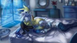  16:9 3_fingers 3_toes 5_fingers anthro bed blue_eyes blurred_background bottomwear braixen calem_(pokemon) canid canine clothed clothing comforting container cup detailed detailed_background digital_drawing_(artwork) digital_media_(artwork) duo elbow_on_knee eyelashes feet female fingers footwear furniture generation_6_pokemon hair hand_on_cheek hi_res human inside leokatana looking_at_another looking_at_partner lying male mammal night nintendo on_bed on_side pants pokemon pokemon_(species) scarf shirt shoes sitting sleeping slippers smile tail tail_hug tail_pillow teapot toes topwear white_hair widescreen 