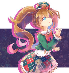  argyle_clothes argyle_skirt blue_eyes bow bowtie braid brown_hair cowboy_shot female from_side green_shirt hair_over_one_eye hat kiratto_pri_chan long_hair long_sleeves looking_up nijinosaki_dia open_mouth pinky_out pretty_series red_bow red_bowtie satsuki_suzuran shirt sidelocks solo twintails very_long_hair 